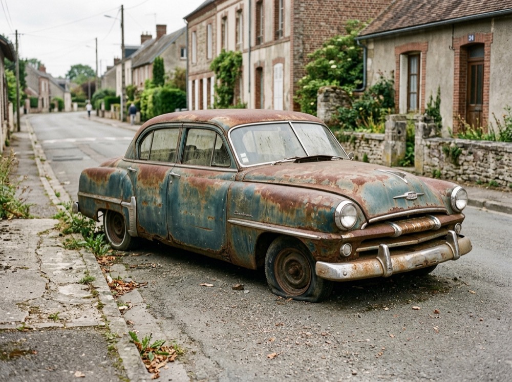 An old rusted car parked on a quiet street