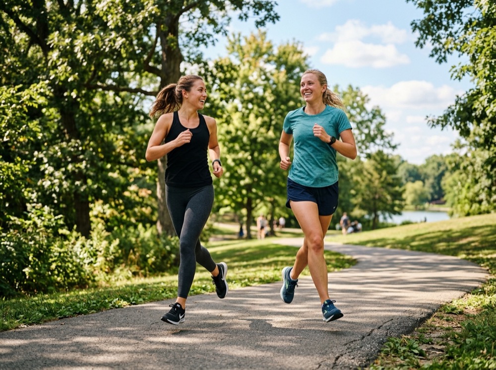 Two friends jogging together in a park