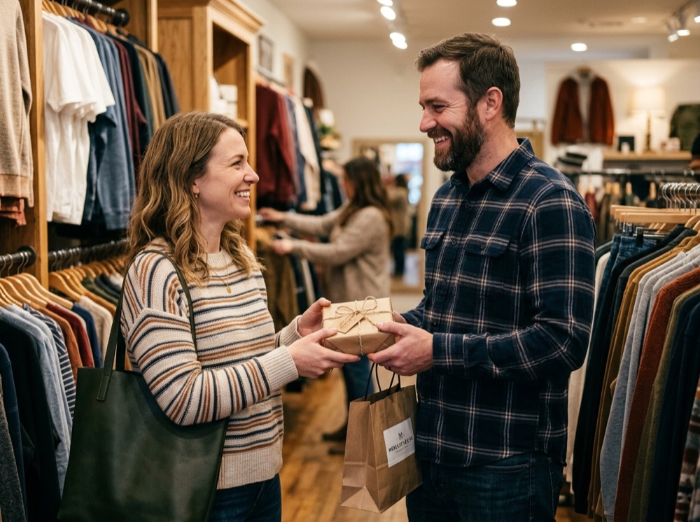Person holding multiple shopping bags