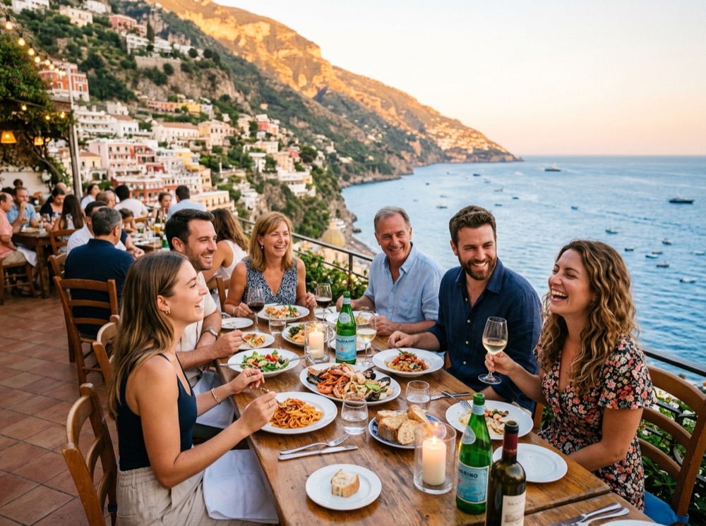 A group of friends laughing over dinner at a coastal restaurant